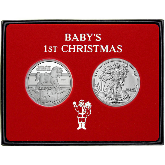 Baby's First Christmas Silver Medallion and Silver American Eagle 2pc Box Gift Set