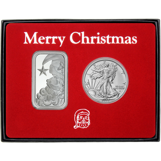 Merry Christmas Santa Claus Silver Bar and Silver American Eagle 2pc Box Gift Set