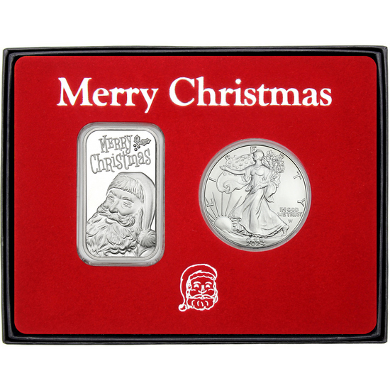 Merry Christmas Santa Claus Star Silver Bar and Silver American Eagle 2pc Box Gift Set