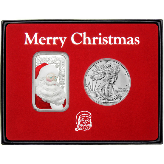 Merry Christmas Santa Nicknames Enameled Silver Bar and Silver American Eagle 2pc Box Gift Set