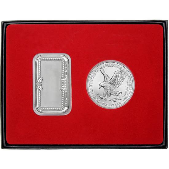 Merry Christmas Santa Nicknames Enameled Silver Bar and Silver American Eagle 2pc Box Gift Set