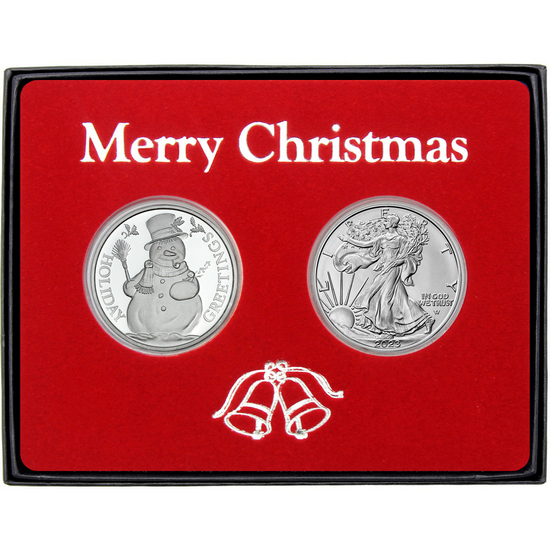 Snowmen Tower Silver Bar and Silver American Eagle 2pc Box Gift Set