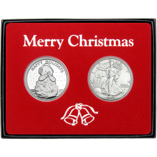 Merry Christmas Caroling Snowman Silver Medallion and Silver American Eagle 2pc Box Gift Set
