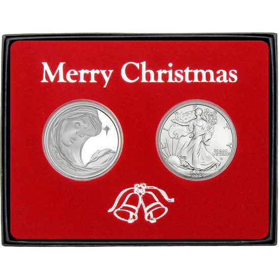 Merry Christmas Holy Family Nativity Silver Round and SAE Gift Set