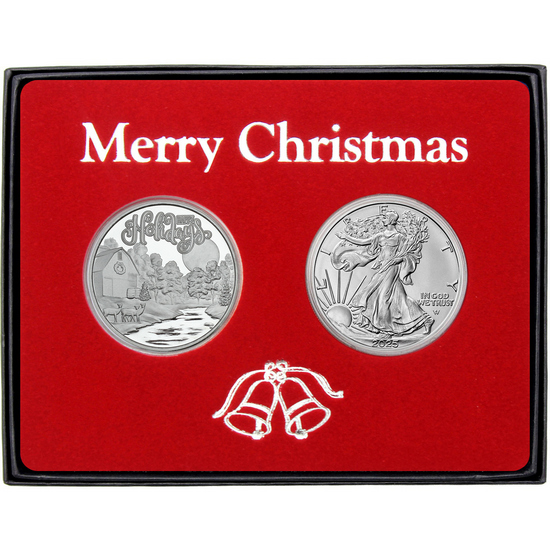 Merry Christmas Moonlit Creek Winter Farm Silver Medallion and Silver American Eagle 2pc Box Gift Set