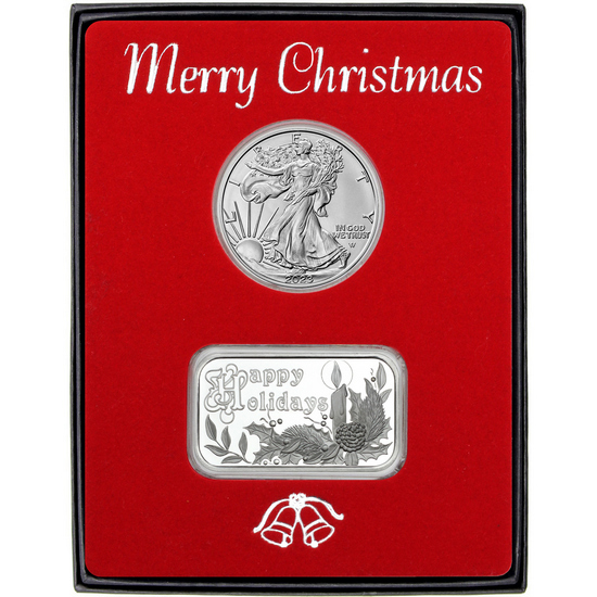 Happy Holidays Festive Lamp Post Silver Round and Silver American Eagle 2pc Box Set