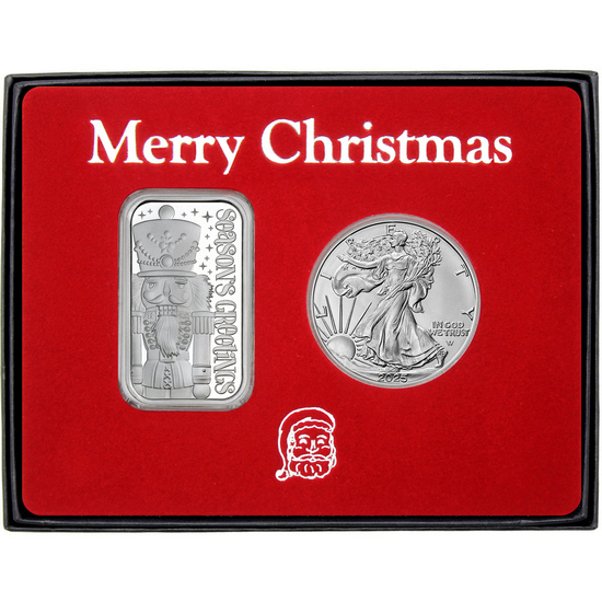 Merry Christmas Nutcracker Silver Bar and Silver American Eagle 2pc Box Gift Set