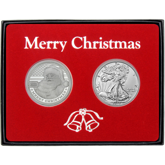 Merry Christmas Patriotic Santa Claus & Animals Silver Round and SAE Gift Set