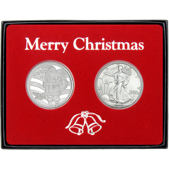 Merry Christmas Patriotic Santa Claus & Animals Silver Round and SAE Gift Set