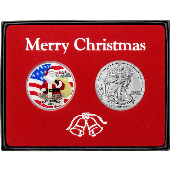 Merry Christmas Patriotic Santa Claus Enameled Silver Medallion and Silver American Eagle 2pc Box Gift Set