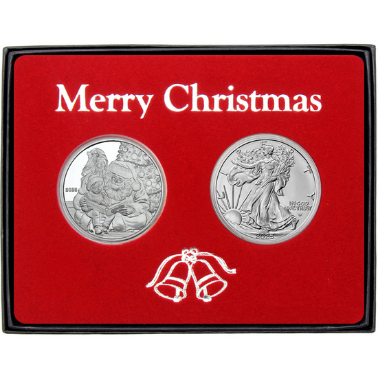 Merry Christmas Storytime with Santa Silver Medallion and Silver American Eagle 2pc Box Gift Set
