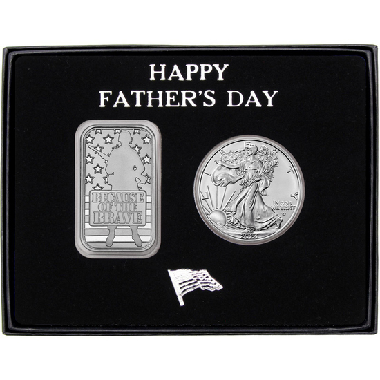Happy Father's Day Because of the Brave Silver Bar and Silver American Eagle 2pc Gift Set