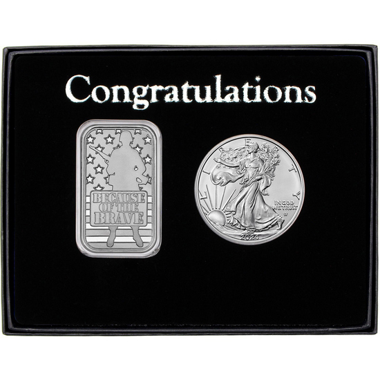 Congratulations Because of the Brave Soldier Silver Bar and Silver American Eagle 2pc Gift Set