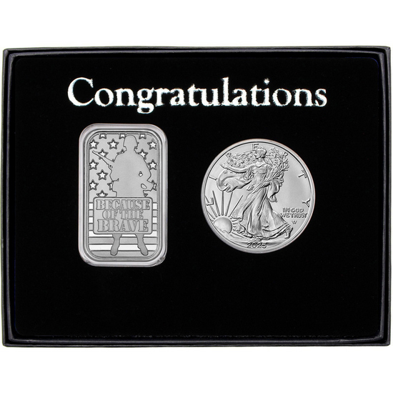 Congratulations Because of the Brave Soldier Silver Bar and Silver American Eagle 2pc Gift Set