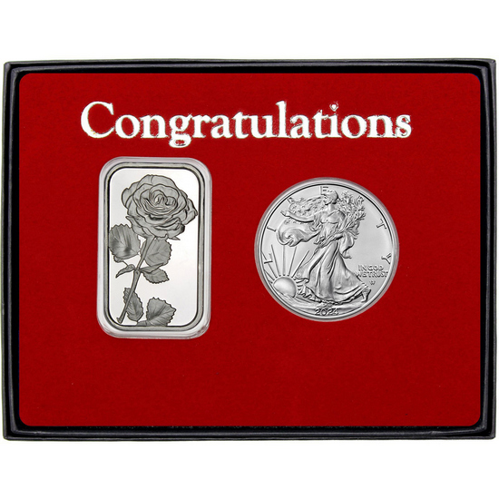 Congratulations Rose Silver Bar and Silver American Eagle 2pc Gift Set