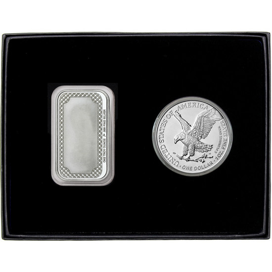 Congratulations Enameled Pink Rose Silver Bar and Silver American Eagle 2pc Gift Set Congratulations Enameled Pink Rose Silver Bar and Silver American Eagle 2pc Gift Set