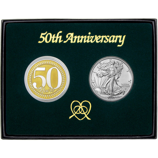 50th Anniversary Year Gold Enameled Silver Medallion and Silver American Eagle 2pc Gift Set