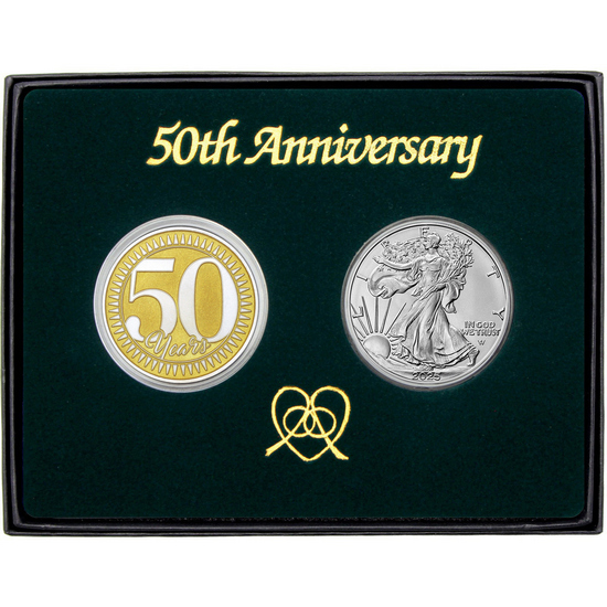 50th Anniversary Year Gold Enameled Silver Medallion and Silver American Eagle 2pc Gift Set