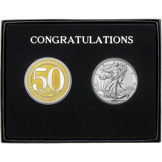 Congratulations Gold Enameled Silver 50 Years Medallion and Silver American Eagle 2pc Gift Set