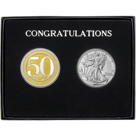 Congratulations Gold Enameled Silver 50 Years Medallion and Silver American Eagle 2pc Gift Set