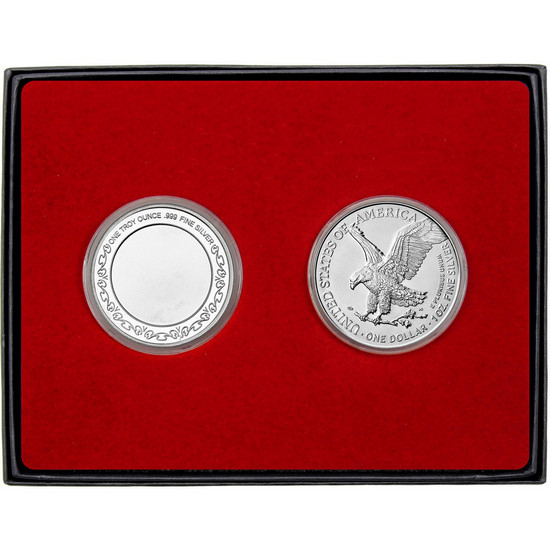 Military Service Enameled God Bless America Silver Medallion and Silver American Eagle 2pc Gift Set