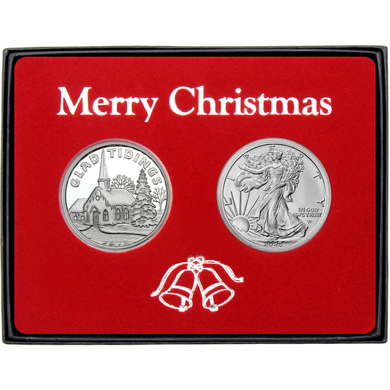 Merry Christmas Glad Tidings Church Silver Medallion and Silver American Eagle 2pc Box Gift Set
