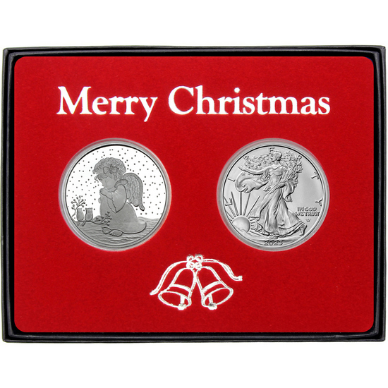 Merry Christmas Angel Light the Way Silver Medallion and Silver American Eagle 2pc Box Gift Set