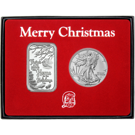 Merry Little No Place Like Home Cardinals Silver Bar and Silver American Eagle 2pc Box Gift Set