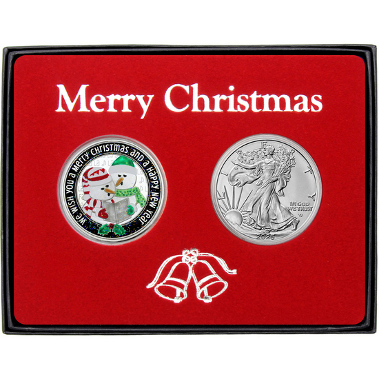 Merry Christmas Happy Holidays Snowman Enameled Silver Medallion and Silver American Eagle 2pc Box Gift Set