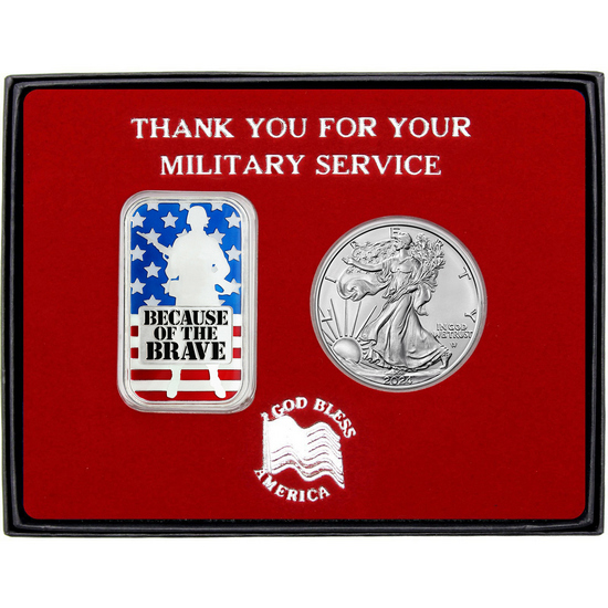 Military Service Because of the Brave Soldier Enameled Silver Bar and Silver American Eagle 2pc Gift Set