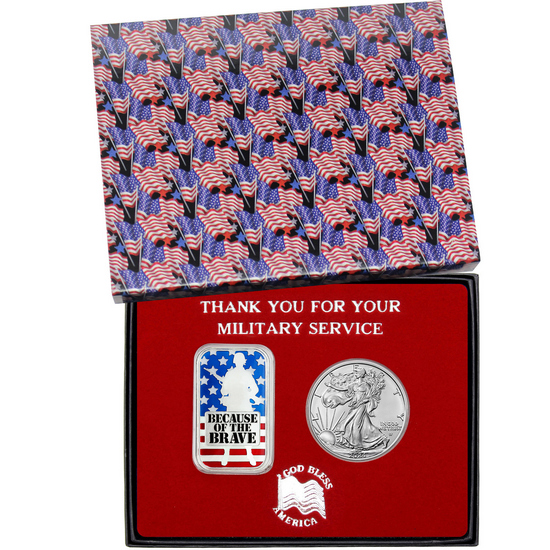 Military Service Because of the Brave Soldier Enameled Silver Bar and Silver American Eagle 2pc Gift Set