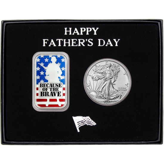 Happy Father's Day Because of the Brave Enameled Silver Bar and Silver American Eagle 2pc Gift Set
