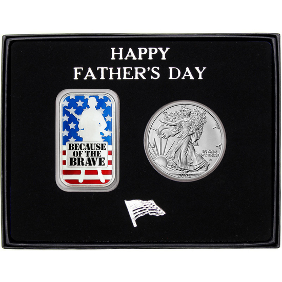 Happy Father's Day Because of the Brave Enameled Silver Bar and Silver American Eagle 2pc Gift Set