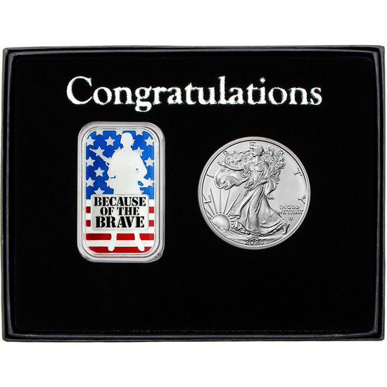 Congratulations Because of the Brave Soldier Enameled Silver Bar and Silver American Eagle 2pc Gift Set