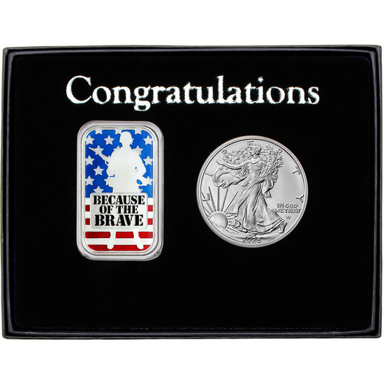 Congratulations Because of the Brave Soldier Enameled Silver Bar and Silver American Eagle 2pc Gift Set