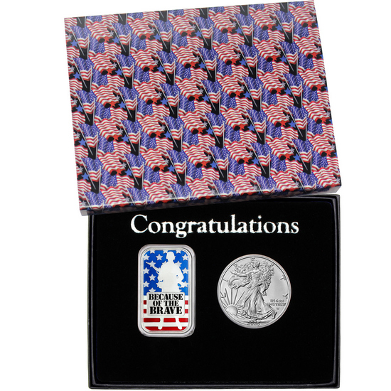 Congratulations Because of the Brave Soldier Enameled Silver Bar and Silver American Eagle 2pc Gift Set