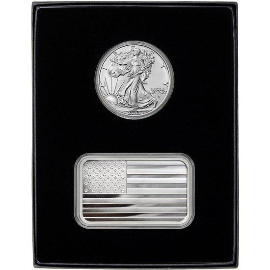 American Flag 5oz Silver Bar and Silver American Eagle 2pc Gift Set