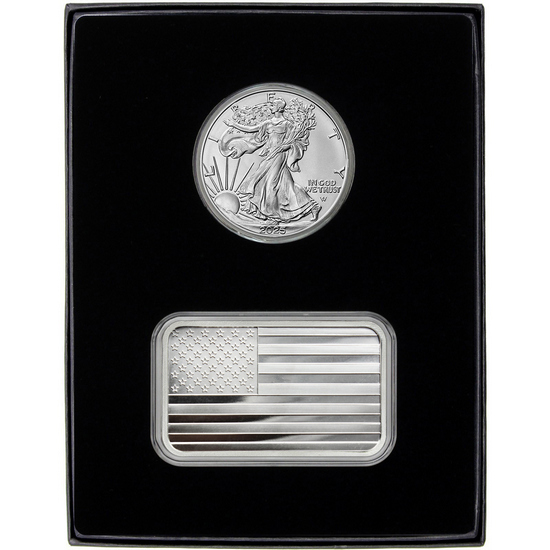 American Flag 5oz Silver Bar and Silver American Eagle 2pc Gift Set