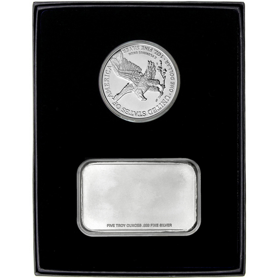 American Flag 5oz Silver Bar and Silver American Eagle 2pc Gift Set American Flag 5oz Silver Bar and Silver American Eagle 2pc Gift Set