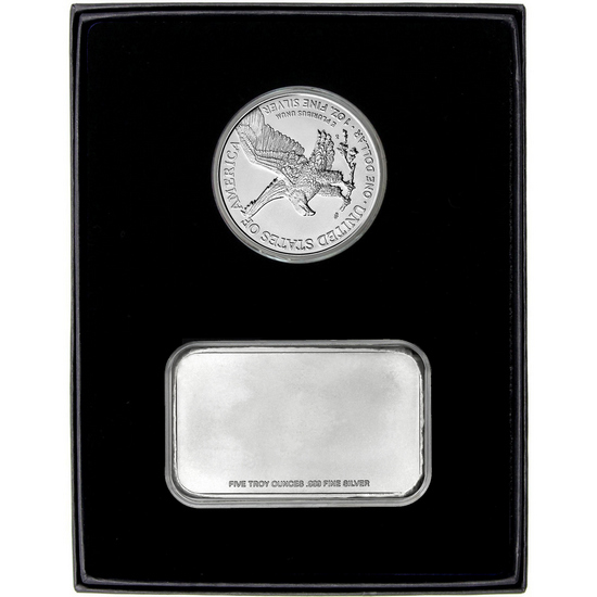 Enameled American Flag 5oz Silver Bar and Silver American Eagle 2pc Gift Set Enameled American Flag 5oz Silver Bar and Silver American Eagle 2pc Gift Set