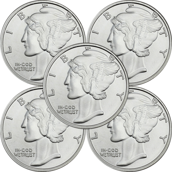 Mercury Dime Replica 1oz .999 Silver Medallion 5pc