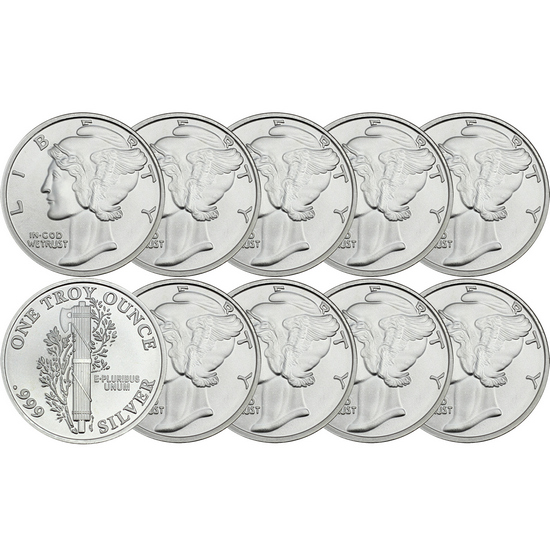 Mercury Dime Replica 1oz .999 Silver Medallion 10pc