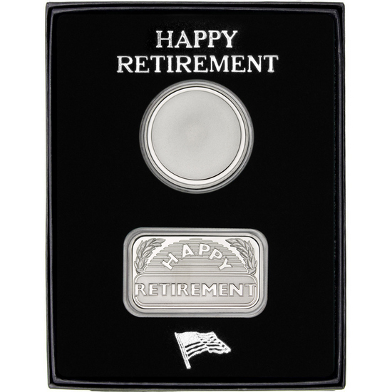 Retirement Year Happy Retirement Silver Bar and Blank Medallion 2pc Gift Set