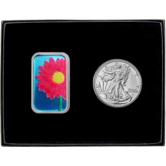 Pink Daisy Enameled Silver Bar and Silver American Eagle 2pc Gift Set