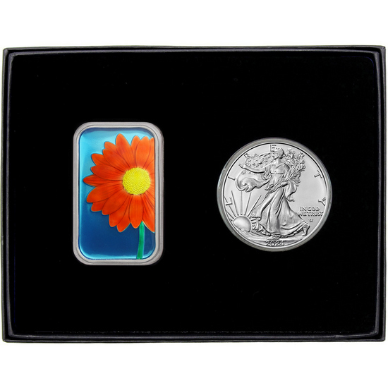 Orange Daisy Enameled Silver Bar and Silver American Eagle 2pc Gift Set