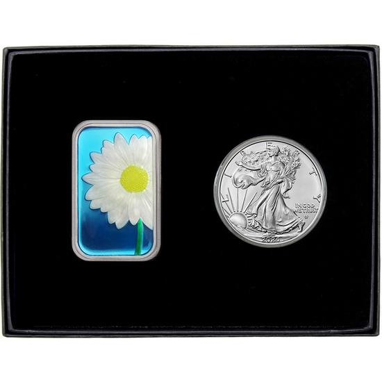 White Daisy Enameled Silver Bar and Silver American Eagle 2pc Gift Set