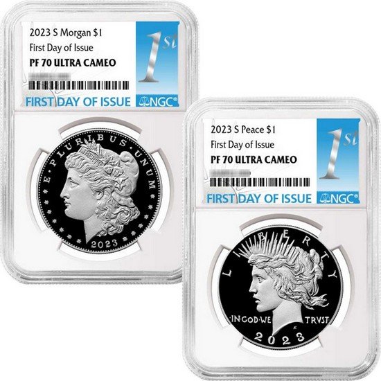 2023 S Morgan and Peace Silver Dollar Set PF70 FDI NGC 1st Label