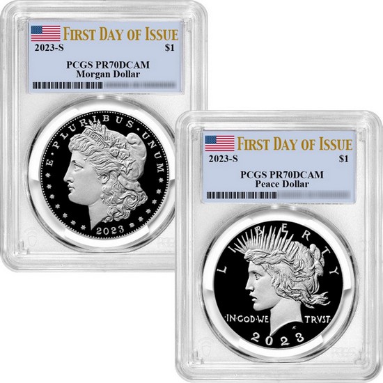 2023 Proof Morgan and Peace Silver Dollar Set PF70 PCGS Flag Labe