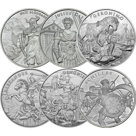 Legendary Warriors Series: Releases 1-6 Eric Bloodaxe, Julius Ceasar, Achilles, Alexander the Great, Genghis Khan & Geronimo 1oz .999 Silver Medallions 6pc