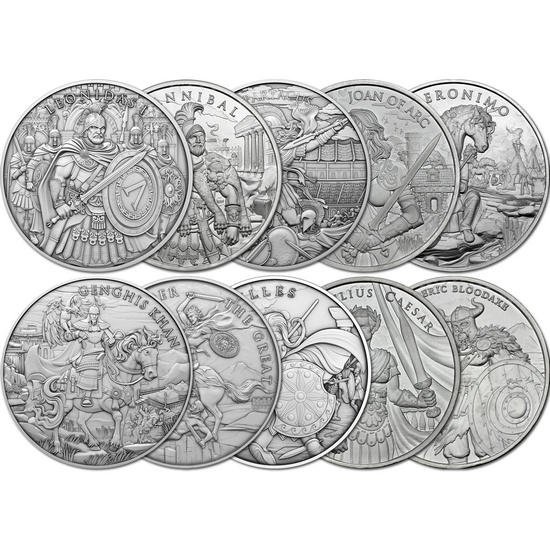 Legendary Warriors Series: Releases 1-6 Eric Bloodaxe, Julius Ceasar, Achilles, Alexander the Great, Genghis Khan & Geronimo 1oz .999 Silver Medallions 6pc